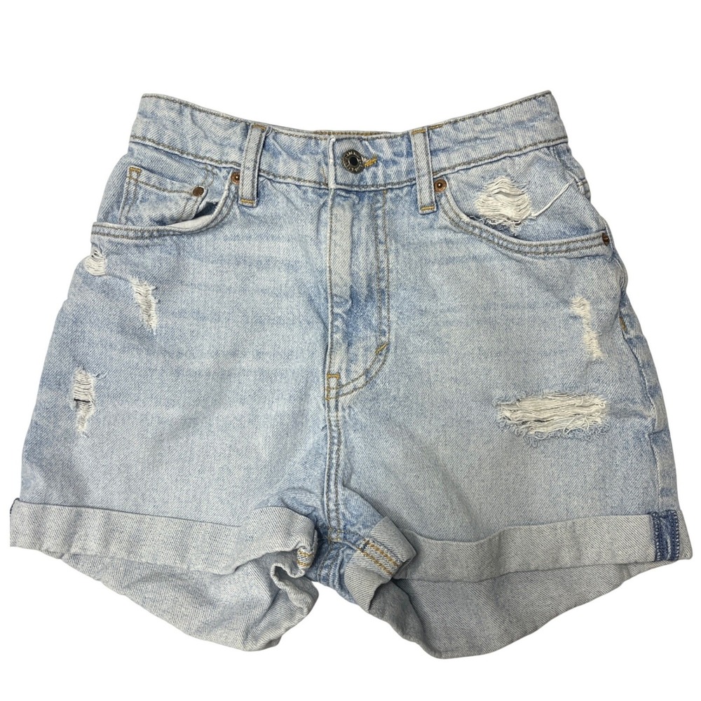 H&M &Denim Ultra High Waist Mom Shorts Light Wash Distressed Blue US 2 Y2K